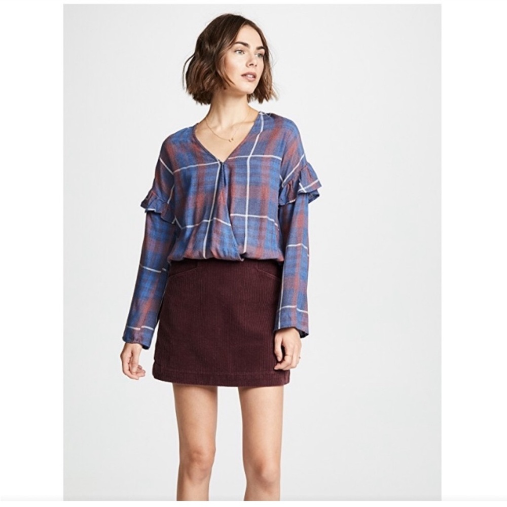 Bella Dahl‎ Long Sleeve Butter Soft Faux Wrap Plaid Blouse Top Size XS